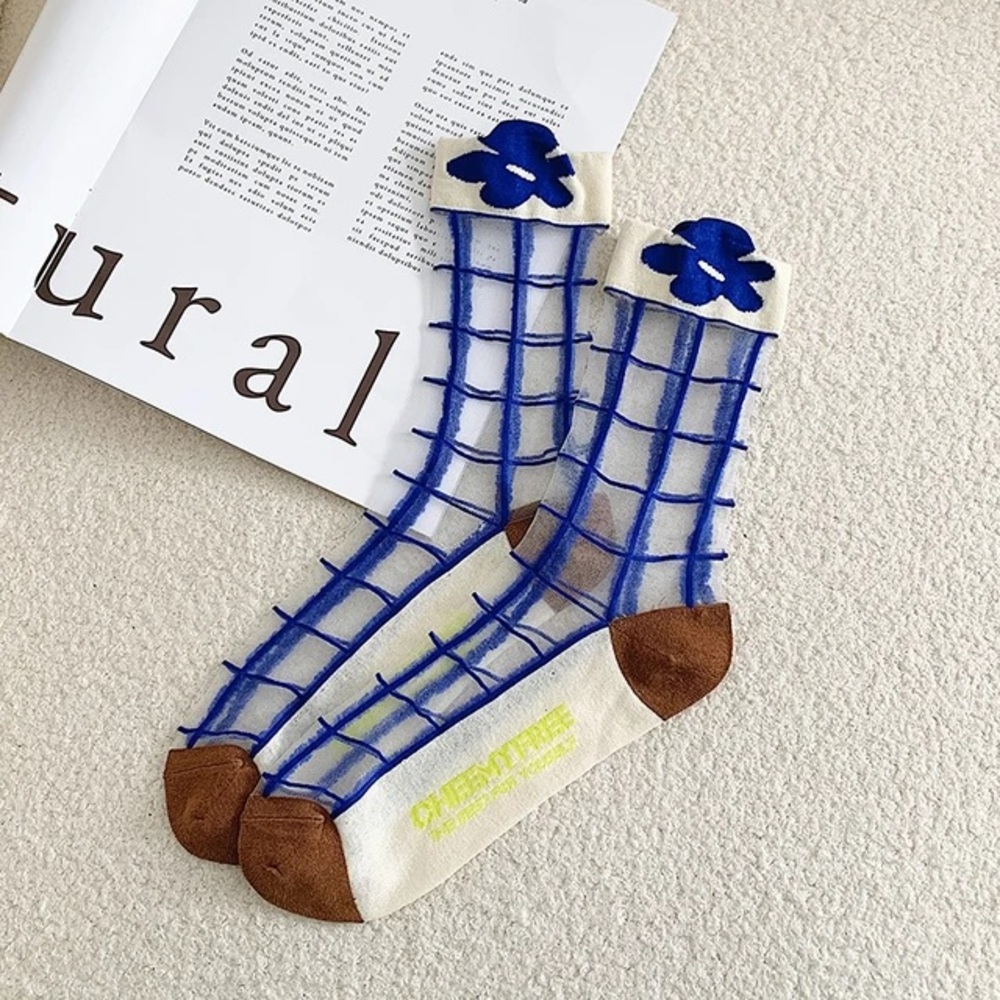 Unique Royal Blue Floral Plant Silk Socks, Stockings